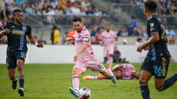Lionel Messi pictured (center) scoring for Inter Miami against Philadelphia Union in the semi-finals of the 2023 Leagues Cup